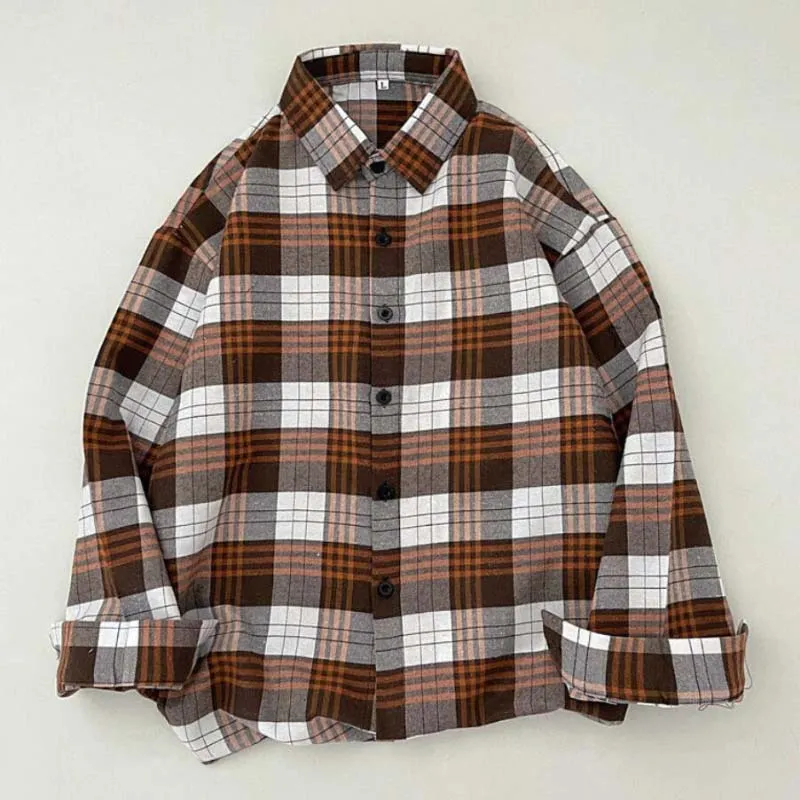 Vintage Plaid Shirts Fashion Button Up Spring Shirt Long Sleeve Turn Down Collar Tops Loose Oversize Ladies Tops