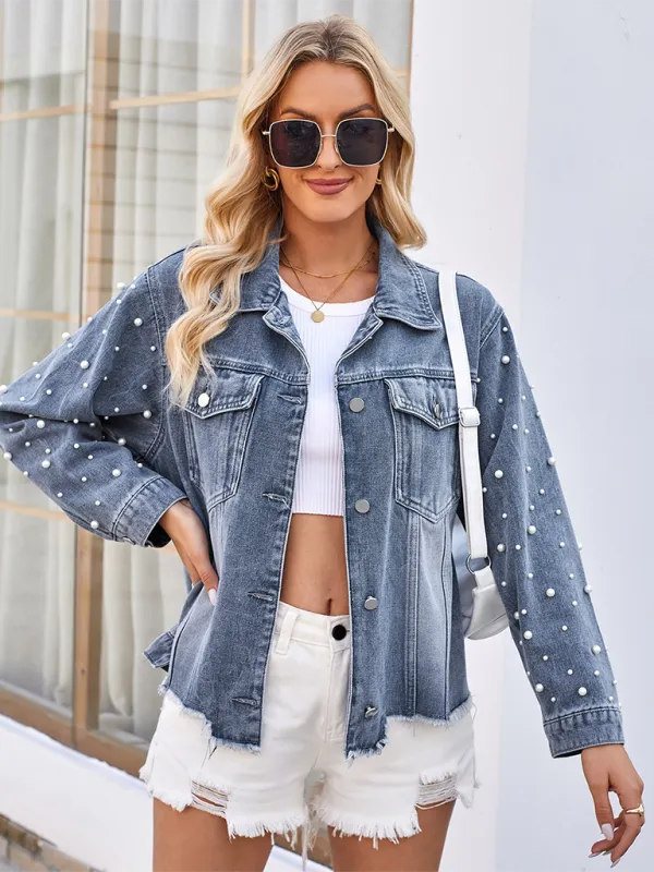 Washed Beaded Long Sleeve Casual Denim Jacket Top