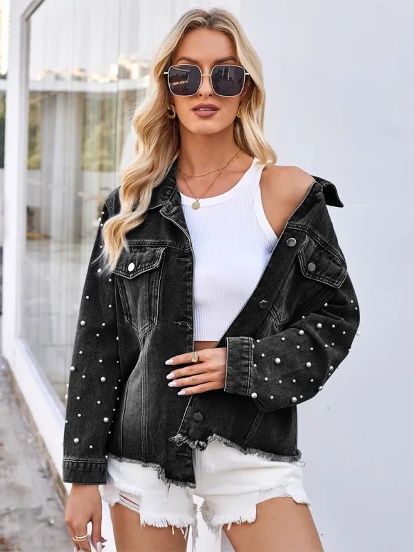 Washed Beaded Long Sleeve Casual Denim Jacket Top