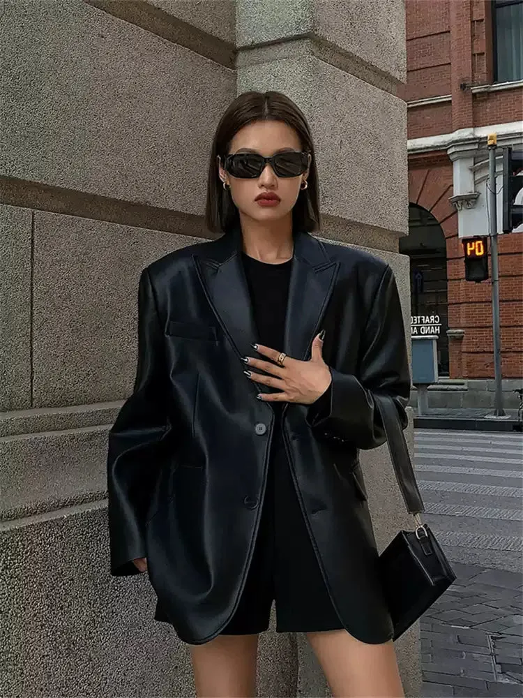 Wenkouban-Winter Outfits Christmas Raziya Oversized Faux Leather Blazer