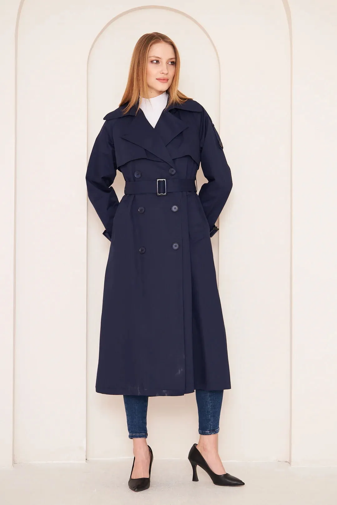 Women's Long Trench Coat with Double Collar Detail - Navy Blue - SCB-W12391