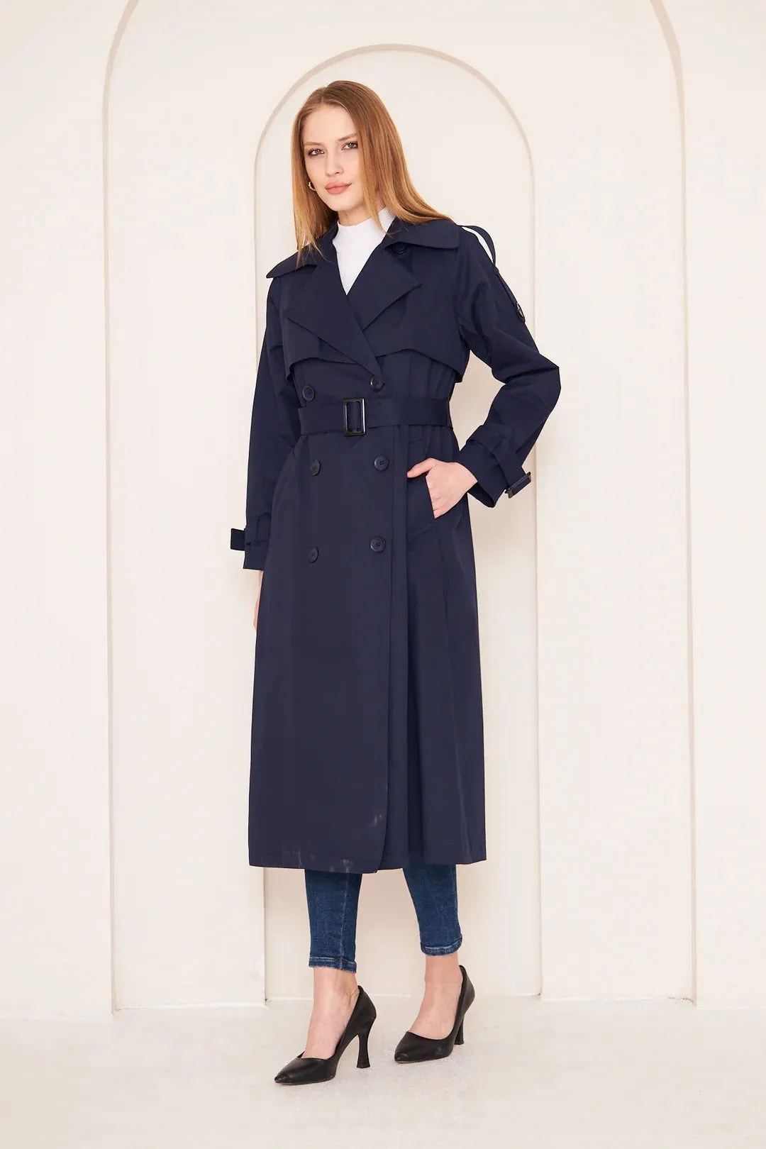 Women's Long Trench Coat with Double Collar Detail - Navy Blue - SCB-W12391