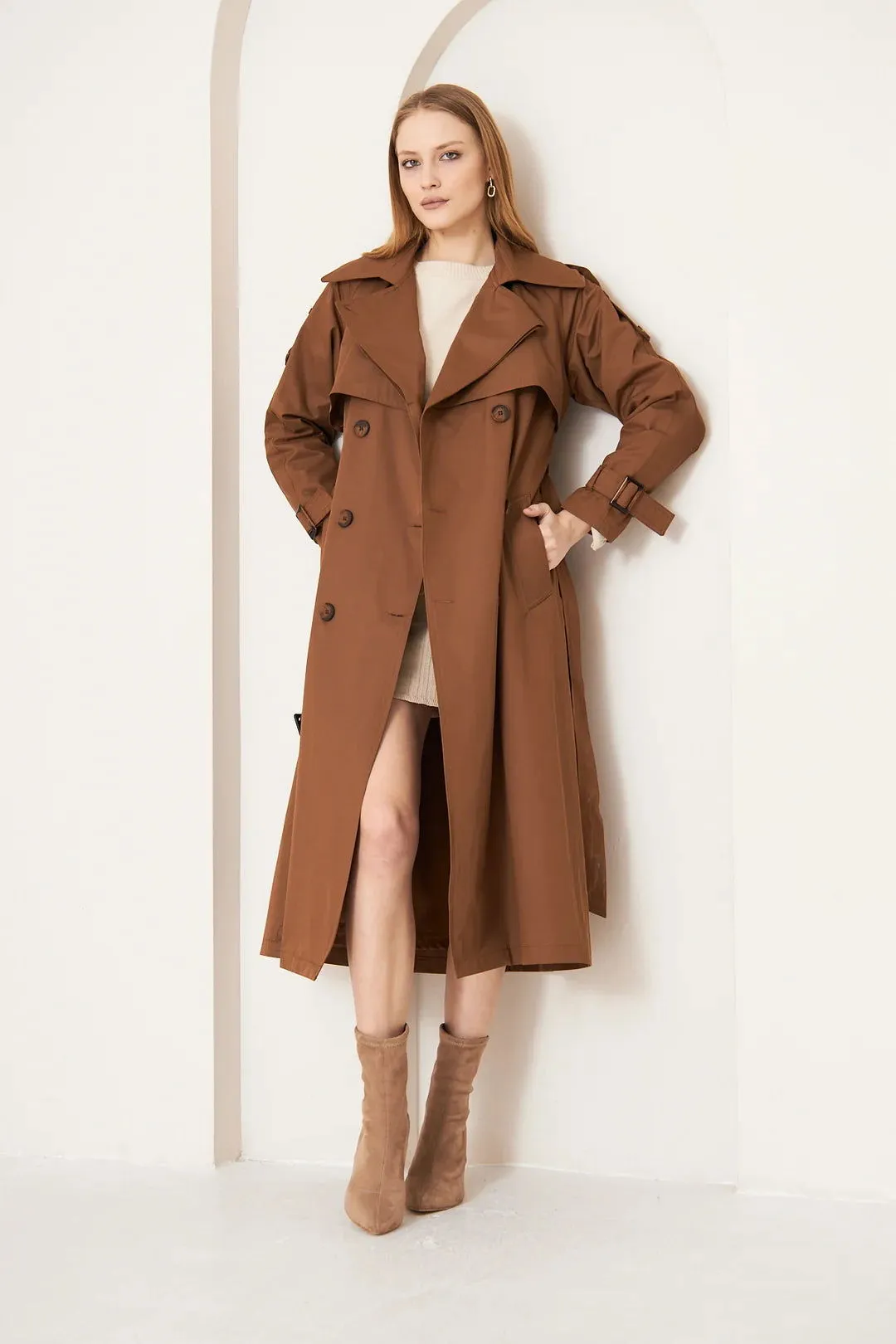 Women's Long Trench Coat with Double Collar Detail - Tan - SCB-W12393