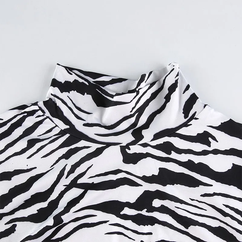 Zebra Pattern Sexy Backless Rave Outfit Turtleneck Long Sleeve