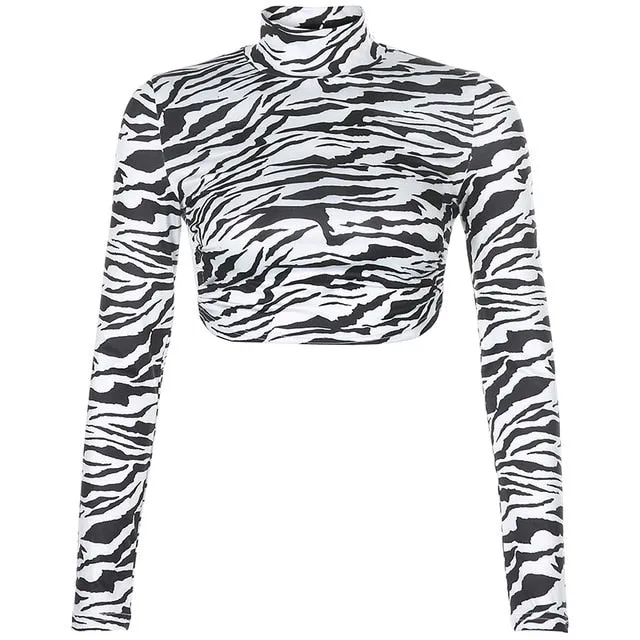 Zebra Pattern Sexy Backless Rave Outfit Turtleneck Long Sleeve